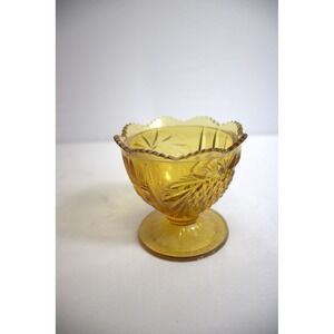 Vintage Amber Glass Footed Dessert Bowl Scalloped Rim Cut Glass Pattern